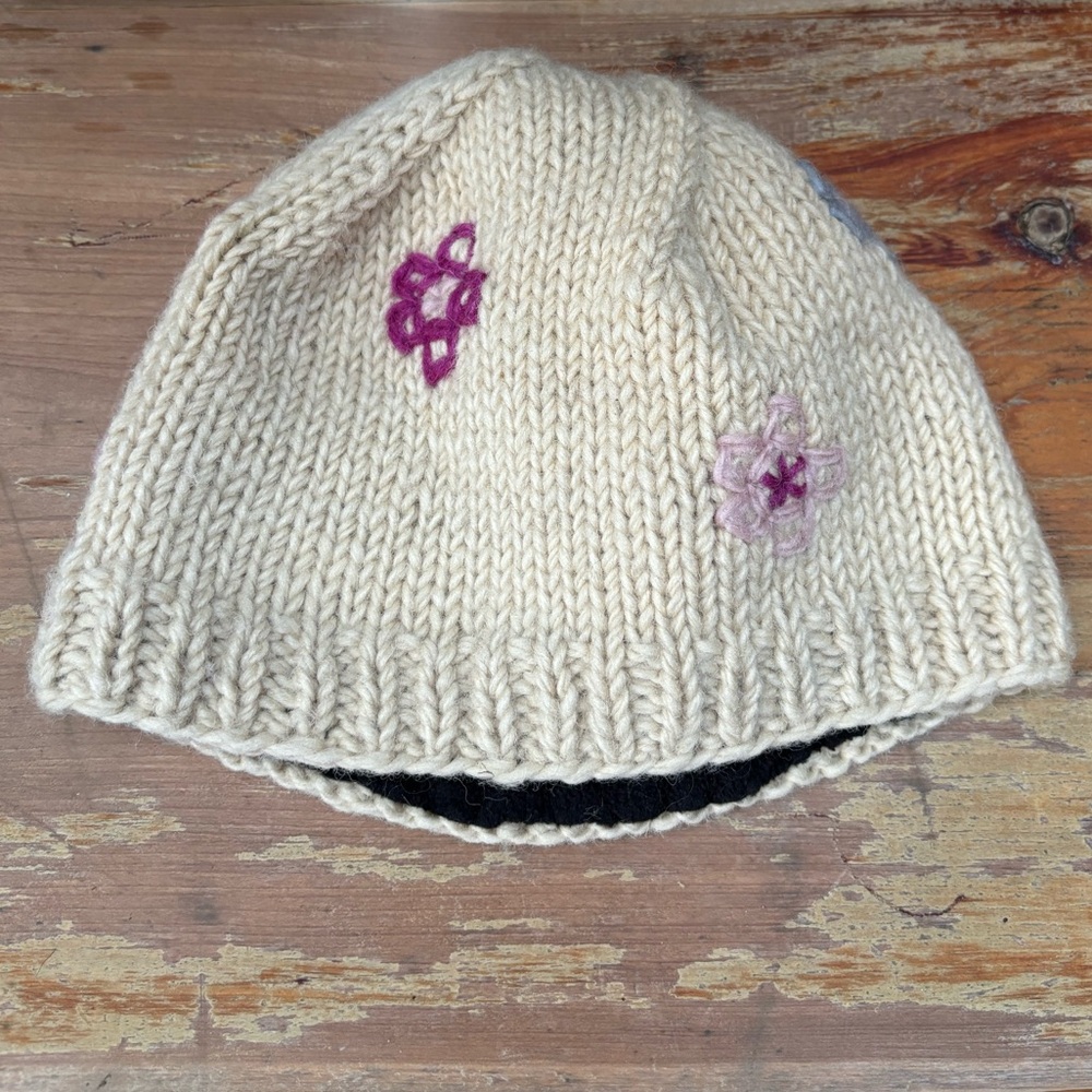 Ambler Wool Knit Winter Beanie Hat Toque with Flowers One Size